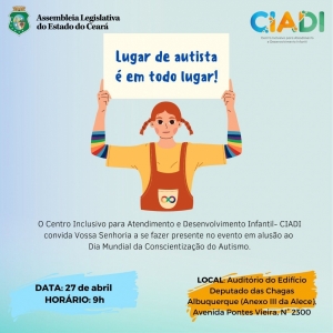 Ciadi promove nesta quarta o evento &quot;Lugar de autista é em todo lugar&quot;