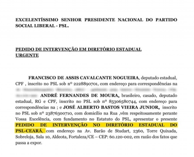 TRECHO de documento que pede intervenção nacional no PSL do Ceará (Foto: )